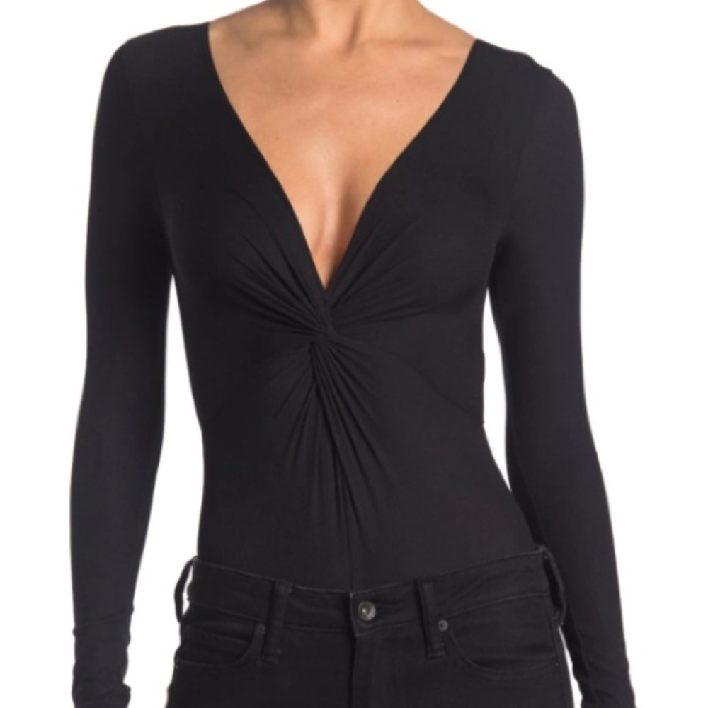 Topshop Black Deep V Long Sleeve Bodysuit – Size US 4